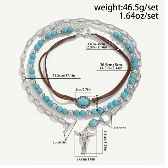 NEW Dallas Silver and Turquoise Blue Beaded Layered Longhorn Necklace Cowboy - Picture 4 of 4